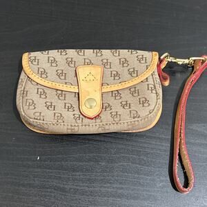 Dooney & Bourke Brown/Tan Wristlet Clutch Wallet Canvas Zip Pouch Leather Strap